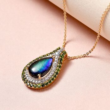 Kanadischer Ammolit und nat&uuml;rlicher Chromdiopsid-Anh&auml;nger mit Kette, 925 Silber Gelbgold Vermeil ca. 3.15 ct