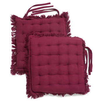 2er Set Stuhlpolster aus 100% Baumwolle mit Fransen und B&auml;ndern, 40x40x3 cm, rot