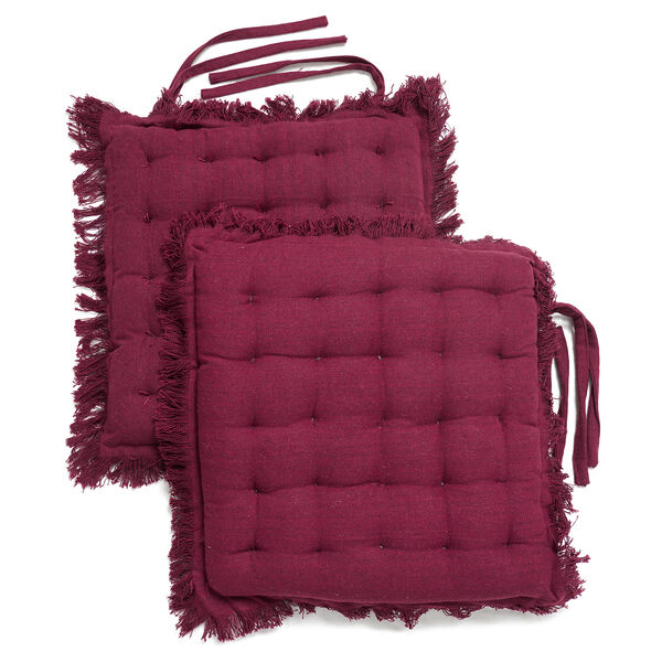2er Set Stuhlpolster aus 100% Baumwolle mit Fransen und B&auml;ndern, 40x40x3 cm, rot
