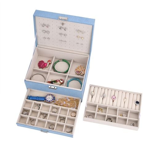 4-lagige Schmuckbox aus Samt mit 10 Silberputztüchern, durchdachtes Aufbewahrungsdesign mit Haken, Ringreihen und Schublade, 24x17x14.2 cm, Blau image number 0