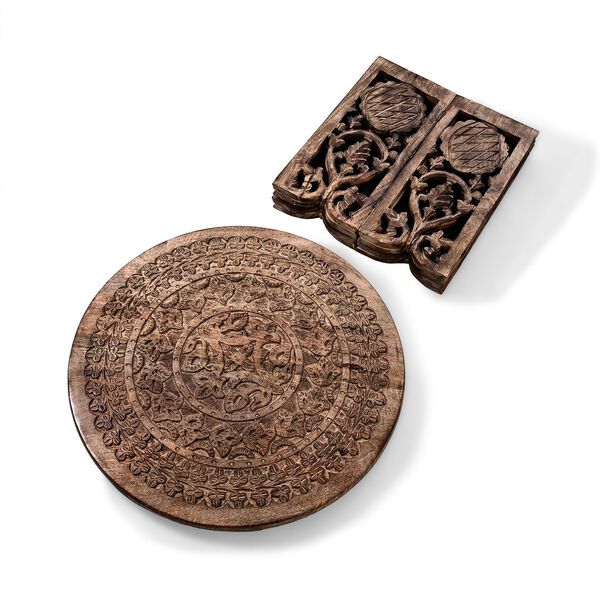 NAKKASHI Handgeschnitzter Couchtisch aus Mangoholz, 68x68x51cm, Braun image number 6