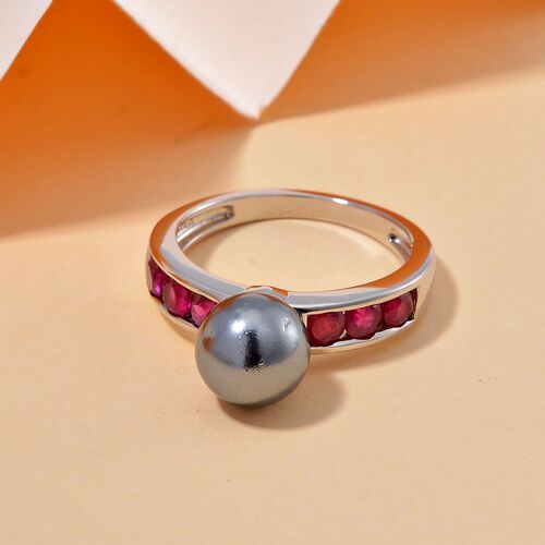 Tahiti Muschelkernperle, Afrikanischer Rubin (Fissure gefüllt) Ring 925 Silber platiniert (Größe 16.00) image number 1