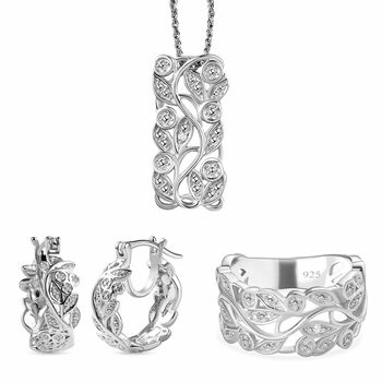 ALLORO Ring, Creolen und Anh&auml;nger mit Diamantakzenten, Silber platiniert