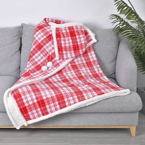 HOMESMART Karierte Hoodie-Decke, Oversize mit Sherpa Futter, 150x200cm, Rot image number 0