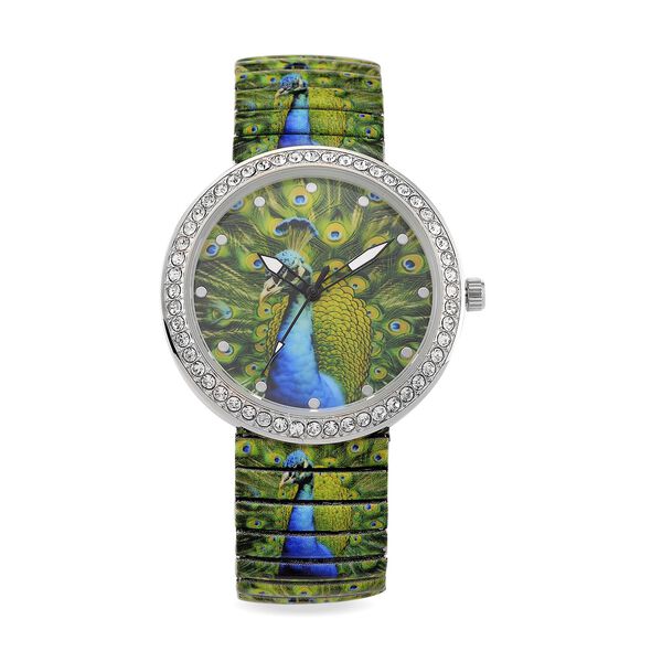 STRADA - Armbanduhr mit Pfaumotiv, Kristall-Lünette, Japanisches Uhrwerk, Edelstahlzugband, Reiner Edelstahl image number 0