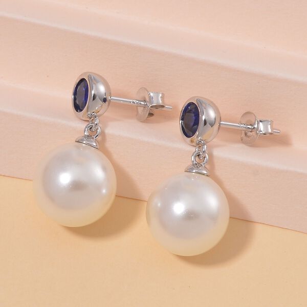 Wei&szlig;e Muschelkernperle, Masoala Saphir (Fissure gef&uuml;llt) Ohrringe 925 Silber platiniert image number 1