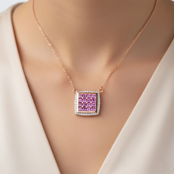 AA Lab Grown Rosa Saphir, Weißer Zirkon Halskette ca. 50 cm 925 Silber 750 Roségold Vermeil ca. 2.57 ct image number 3