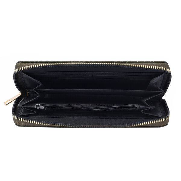 Lange Brieftasche aus naturfreundlichem Kunstleder, 19x2.5x10cm, florales Muster, Olive image number 3