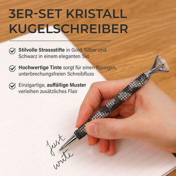 Kugelschreiber-Set, 3er-Pack, Schwarz, Leoparden-Design, Strass und Kristall, inkl. Ersatzminen