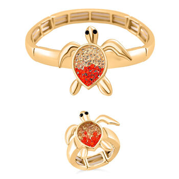 2er Set - Wei&szlig;er Kristall, Orange Kristall Flexibles Armreif und Flexibler Ring, goldfarben