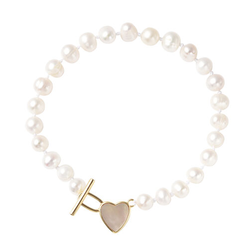 Perlmutt und weißes Süßwasserperlen-Armband, 20 cm, Messing image number 0