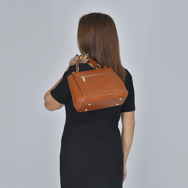 Luxus Crossbody Tasche mit Kroko-Pr&auml;gung aus echtem Leder, Hellbraun image number 3