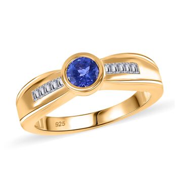 Tansanit, Wei&szlig;er Zirkon Ring 925 Silber 750 Gelbgold Vermeil (Gr&ouml;&szlig;e 19.00) ca. 0.82 ct