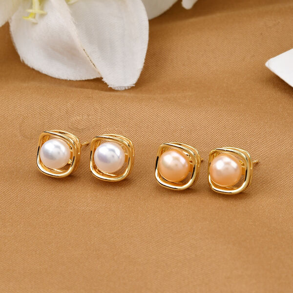 2er Set - Rosa Süßwasser Perle, Weiße Süßwasser Perle Ohrringe, Nickelfreies Messing, Goldfarben image number 1