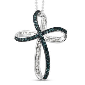 Blauer und weißer Diamant Kreuz-Anhänger mit Kette in Silber