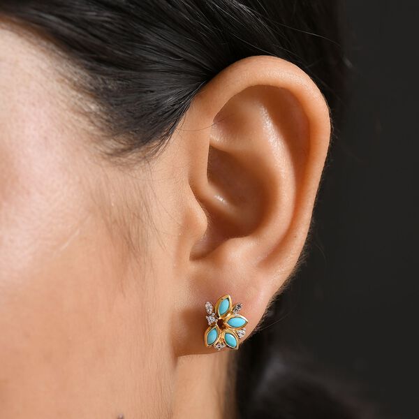 Der Schimmer der Natur AA Sleeping Beauty Türkis, Weißer Zirkon Ohrringe 925 Silber 750 Gelb Vergoldet ca. 0,75 ct. image number 3