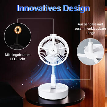 Faltbarer und wiederaufladbarer Ventilator mit LED-Licht und USB-Kabel, Wei&szlig;