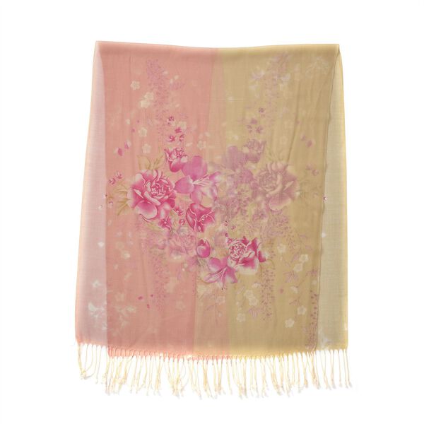 100% Merino Wollschal mit Quasten, rosa Blumenmuster image number 2