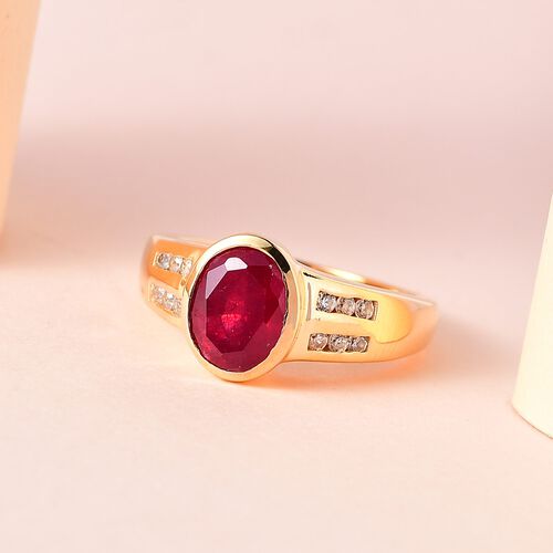 Afrikanischer Rubin (Fissure gefüllt), weißer Zirkon Ring, 925 Silber vergoldet (Größe 20.00) ca. 2.99 ct image number 1