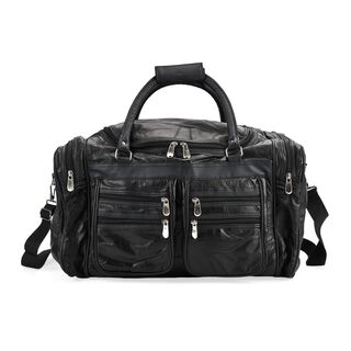 Patchwork-Reisetasche aus Schafleder mit 6 Au&szlig;entaschen und Schulterriemen, 51x29x28 cm, Schwarz