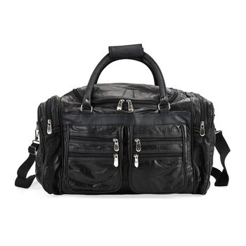 Patchwork-Reisetasche aus Schafleder mit 6 Au&szlig;entaschen und Schulterriemen, 51x29x28 cm, Schwarz