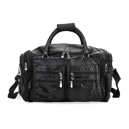 Patchwork-Reisetasche aus Schafleder mit 6 Au&szlig;entaschen und Schulterriemen, 51x29x28 cm, Schwarz