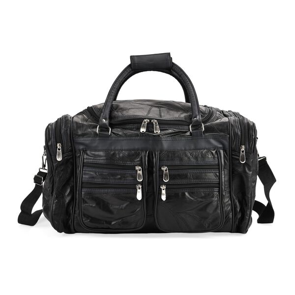 Patchwork-Reisetasche aus Schafleder mit 6 Au&szlig;entaschen und Schulterriemen, 51x29x28 cm, Schwarz