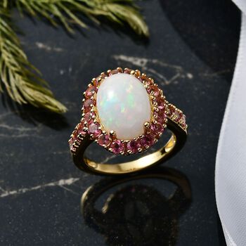 D'Joy AAA Nat&uuml;rlicher, &auml;thiopischer Welo Opal, Rosa Turmalin Ring 925 Silber 750 Gelbgold Vermeil (Gr&ouml;&szlig;e 18.00) ca. 5.54 ct