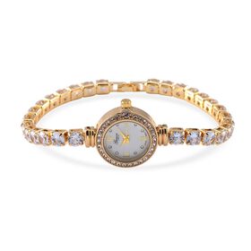 Genoa Time V2 - PC21S Japanisches Uhrwerk, Gehäuse mit weißen Kristallakzenten und PNP-Goldplattierung, rundes Zifferblatt mit weißen Ziffern und Kristallen, weißen Zirkonia und Kristallen