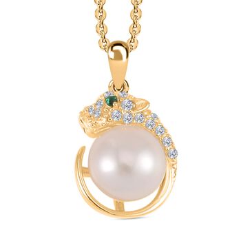 Wei&szlig;es S&uuml;&szlig;wasserperlen, gr&uuml;nes und wei&szlig;es Zirkonia-Schmuckset - 0,36 ct.