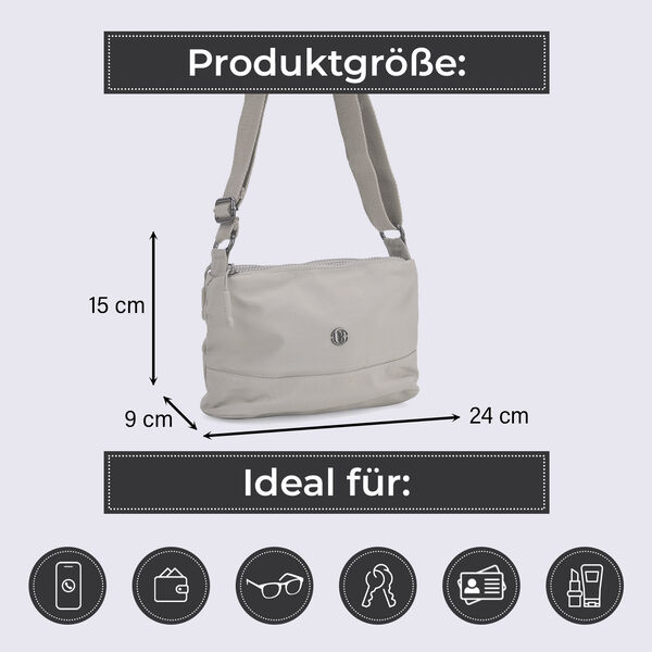 Nylon Crossbody Tasche mit Reißverschlussfächern, verstellbarem Schulterriemen, Hellgrau image number 4
