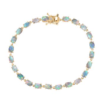 AA nat&uuml;rliches, &auml;thiopisches Welo Opal und Labor Diamant 20cm Armband, 925 Silber vergoldet - 7,19 ct.