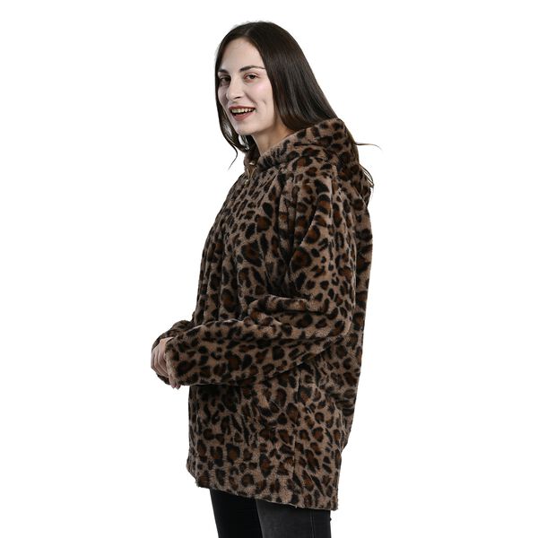 LA MAREY - Kunstfell Wintermantel mit Kapuze, Leopardenmuster, Gr&ouml;&szlig;e M, Braun  image number 3