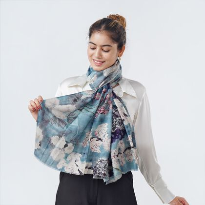 Schal aus 100 % Premium-Kaschmir mit Digitaldruck, 70 x 200 cm, graublau gebl&uuml;mt