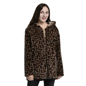 LA MAREY - Kunstfell Wintermantel mit Kapuze, Leopardenmuster, Gr&ouml;&szlig;e M, Braun 
