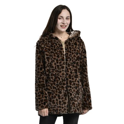 LA MAREY - Kunstfell Wintermantel mit Kapuze, Leopardenmuster, Gr&ouml;&szlig;e M, Braun 