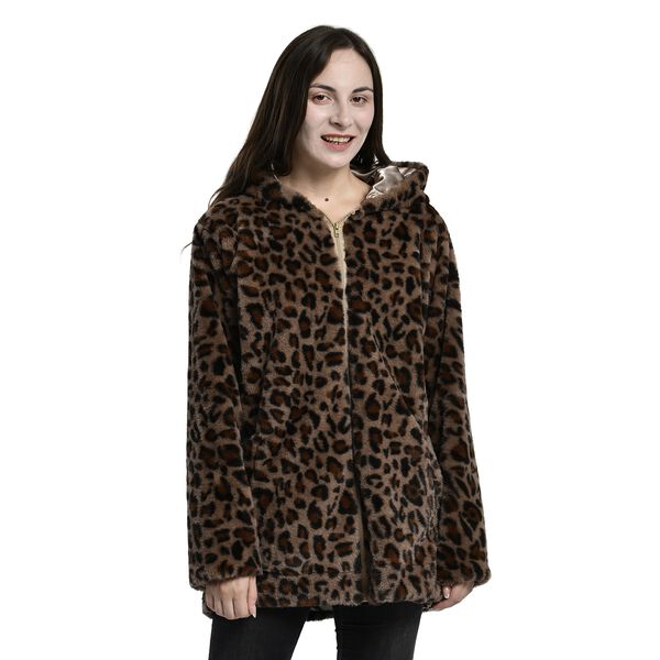 LA MAREY - Kunstfell Wintermantel mit Kapuze, Leopardenmuster, Gr&ouml;&szlig;e M, Braun 