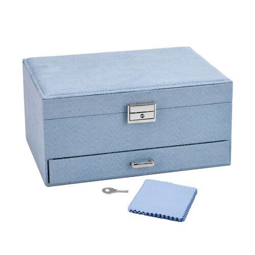 "3 layer Velvet Jewelry box with 5pcs Silver Polish cleaning cloth,  Velvet 3 layer Jewelry box with one drawer, 24.5x17x11.5cm, Material: Velvet+MDF+Alloy Weight: 1081g Color: Blue  5pcs Anti Tarnish Silver Polishing Clean cloth double side usage, size:4 image number 1