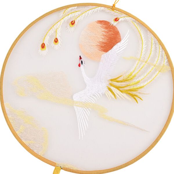 "Brand:LIVMORE Double-sided embroidery Silk wall decoration with  Jade tassel-Round shape                                                                                                             Size Dia: 20cm Pattern:Yellow Phoenix image number 6