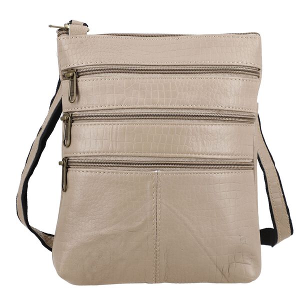 CLOSE OUT - Echtleder Crossbody Tasche mit Kroko Prägung, Multi-Fächer, 20 x 24 cm, Taupe
