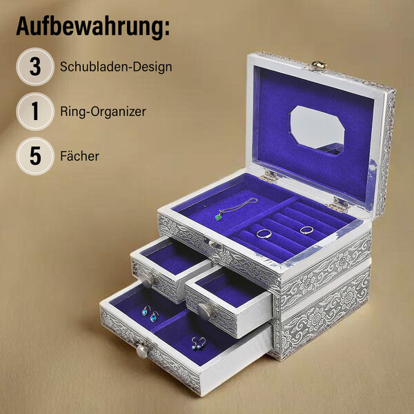 Oxidierte 3-stufige Schmuckbox mit Elefantenprägung und Samt-Innenfutter image number 3