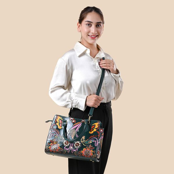 Handbemalte Satchel-Tasche aus 100% Echtleder mit kunstvoller Pr&auml;gung und Blumen-Design, 31x10x23cm, Gr&uuml;n image number 2