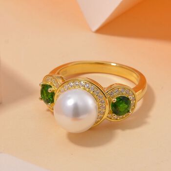 Wei&szlig;e Muschelkernperle, Nat&uuml;rlicher Chromdiopsid Ring 925 Silber vergoldet (Gr&ouml;&szlig;e 17.00)