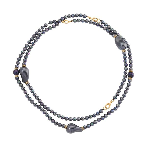 3er Set Pfauenfarbene Muschelkernperlen-Schmuckstücke, bestehend aus Armband (ca. 19 cm) und zwei Halsketten (ca. 40 cm und 50 cm), gelb vergoldet image number 3