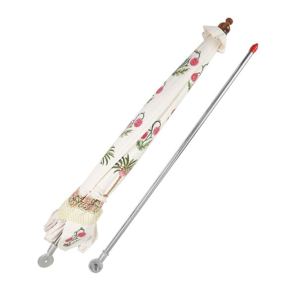 Sonnenschirm aus 100% Baumwolle mit Blockdruck, Palmen-Blumen-Muster, Weiß-Pink-Grün  image number 6