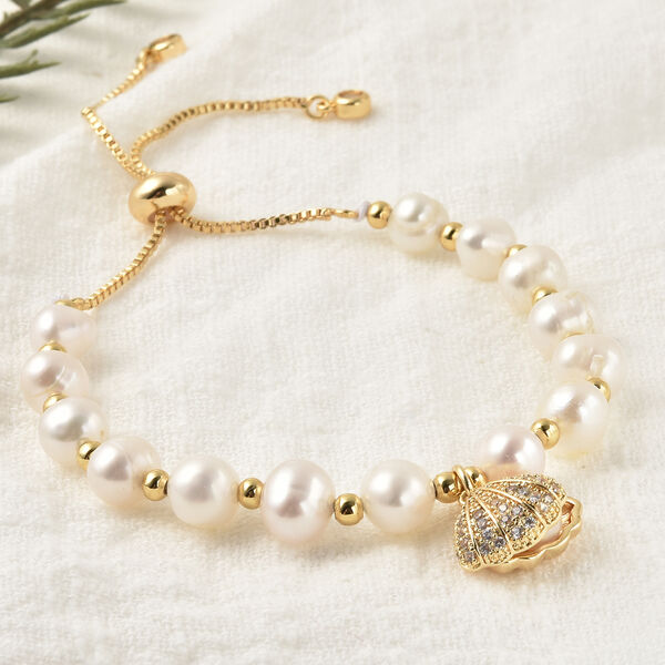 Wei&szlig;es S&uuml;&szlig;wasserperlen- und wei&szlig;es, k&uuml;nstliches Diamant-Armband, 16.5 cm, Messing image number 2