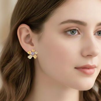 Lila S&uuml;&szlig;wasser Perle (6-8 mm), Wei&szlig;er Zirkonia Ohrringe Nickelfreies Messing vergoldet