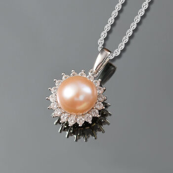 Pfirsich-S&uuml;&szlig;wasser Perle (8.5-9 mm), Wei&szlig;er Zirkon Schmuckset ca. 50 cm 925 Silber rhodiniert