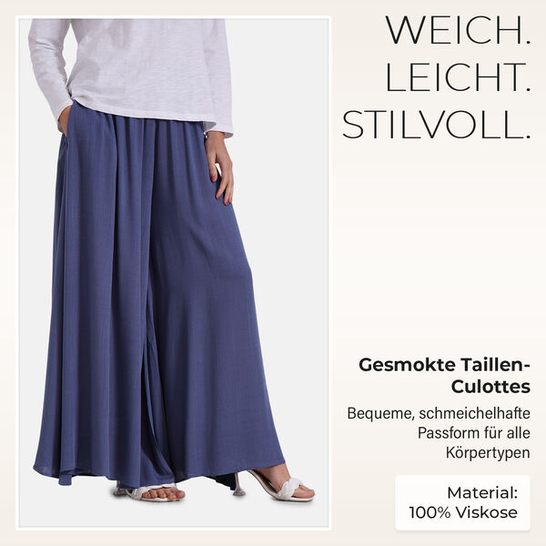 Gesmokte Taillen-Culottes, locker, bequem, elastischer Bund, Einheitsgröße, Blau image number 2