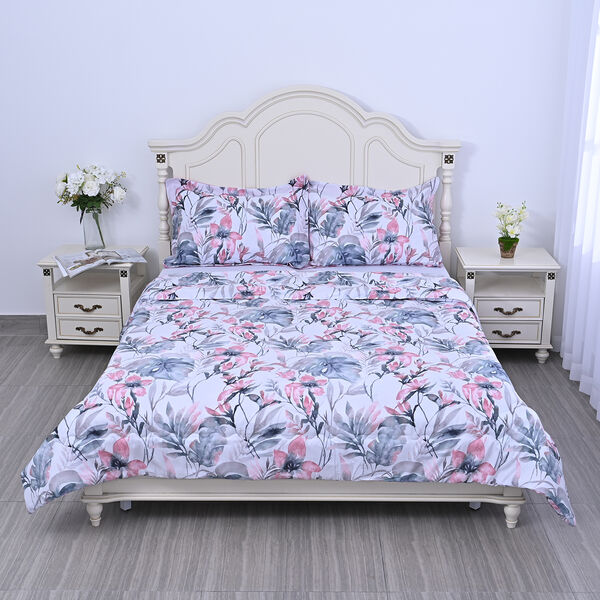 SERENITY NIGHT: 3er-Set - Bettdecke und 2 Kissenbez&uuml;ge, Blumenmuster, Wei&szlig;-Rosa-Gr&uuml;n&nbsp; image number 2